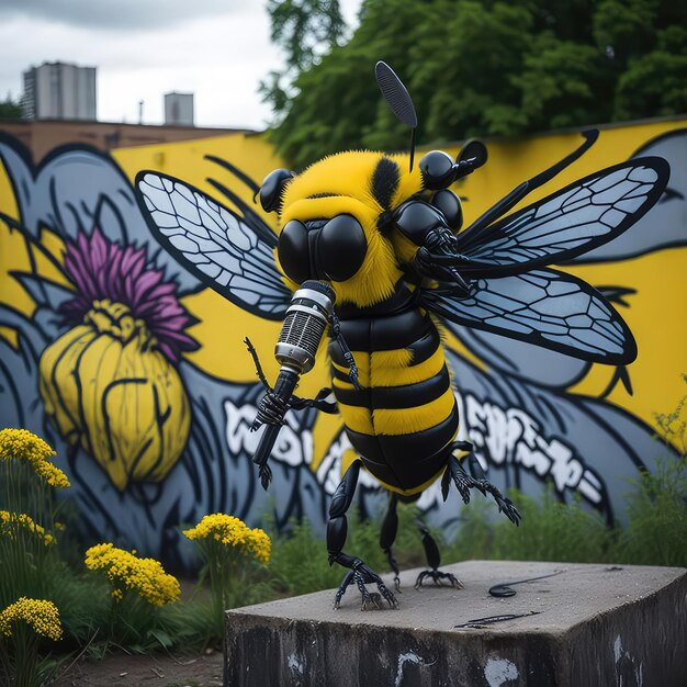 Una estatua de abeja con un diseño morado y amarillo.