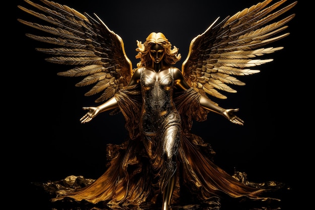 Foto estatua de ángel con alas doradas sobre fondo negro en el estilo del masurrealismo