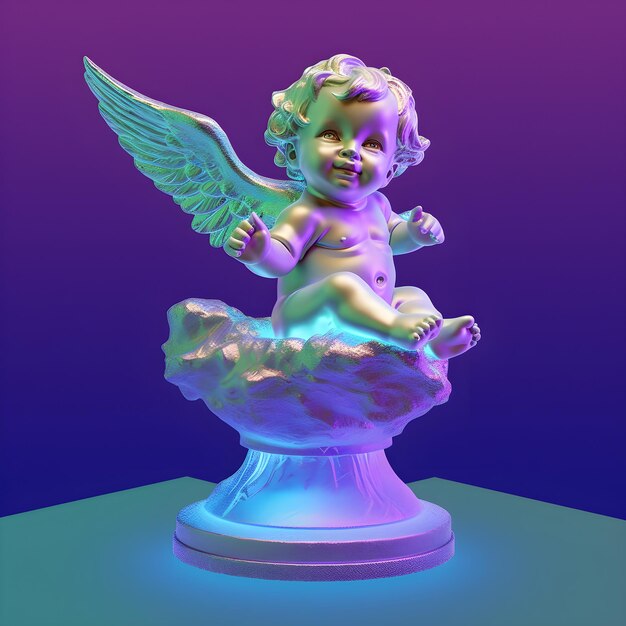 Foto una estatua de un ángel bebé con alas se sienta sobre un fondo azul y violeta.