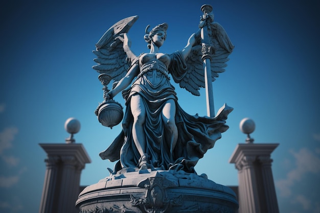 Una estatua de un ángel con un escudo en él