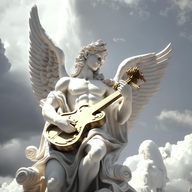 Una estatua de un ángel con una guitarra en sus manos.