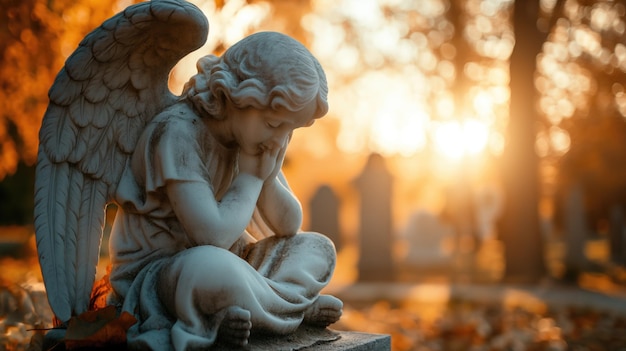 Foto estatua de ángel llorando y orando en el cementerio a la hora dorada en el cementorio de otoño con follaje caído