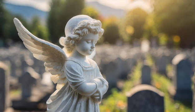 Estatua del ángel querubín en el cementerio Ángel guardián orante