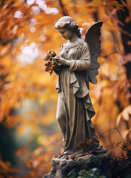 una estatua de un ángel vestido con colores de otoño