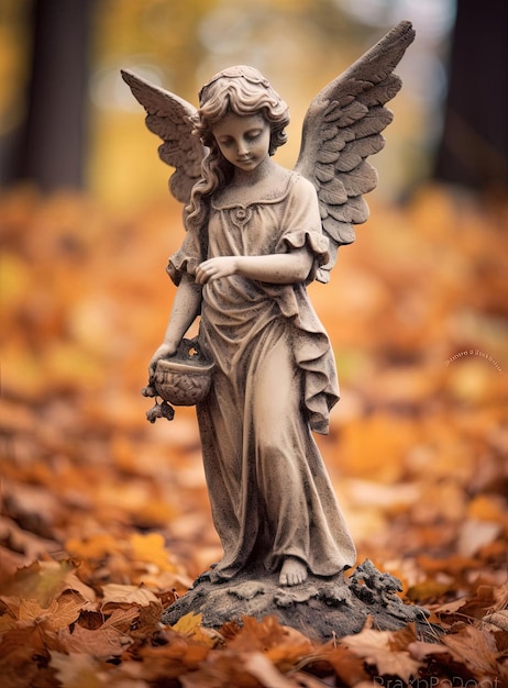 una estatua de un ángel vestido con colores de otoño