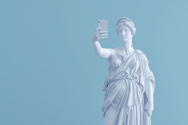 Estatua antiga captura selfie contra um fundo azul