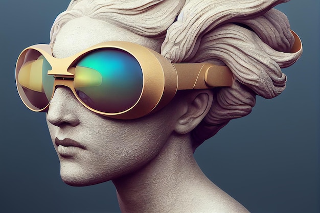 Estátua antiga de gesso com óculos VR, futurista, retrato lateral, óculos VR, ilustração