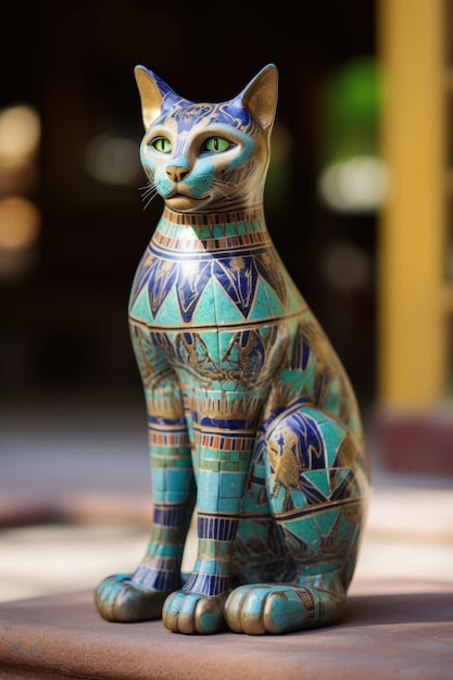 Foto una estatua de una antigua diosa egipcia felina bastet sentada encima de una mesa imagen generativa de ai