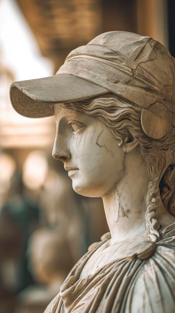 Estatua de la antigua diosa griega con una gorra de retroceso fondo borroso foto de retrato profesional sha