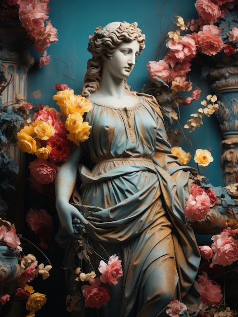 Una estatua de una antigua diosa griega rodeada de flores rosadas en el estilo amarillo y azulado