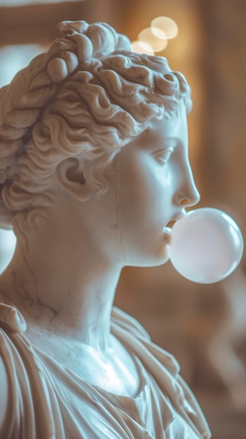 Estatua de la antigua diosa griega soplando una burbuja de chicle fondo borroso foto de retrato profesional