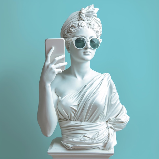 Estatua antigua con gafas de sol y sosteniendo un teléfono inteligente IA generativa
