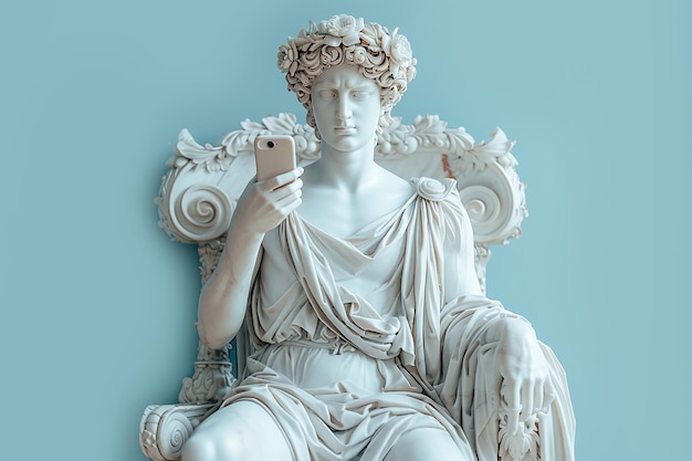 Foto estatua antigua de un hombre sosteniendo un teléfono inteligente vista frontal sobre un fondo azul