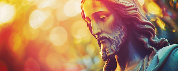 Estatua antigua de Jesucristo mirando hacia abajo con un fondo bokeh de tonos cálidos y fríos