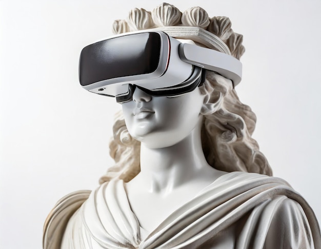 Foto una estatua antigua lleva un elegante casco de realidad virtual que fusiona la tradición con la tecnología