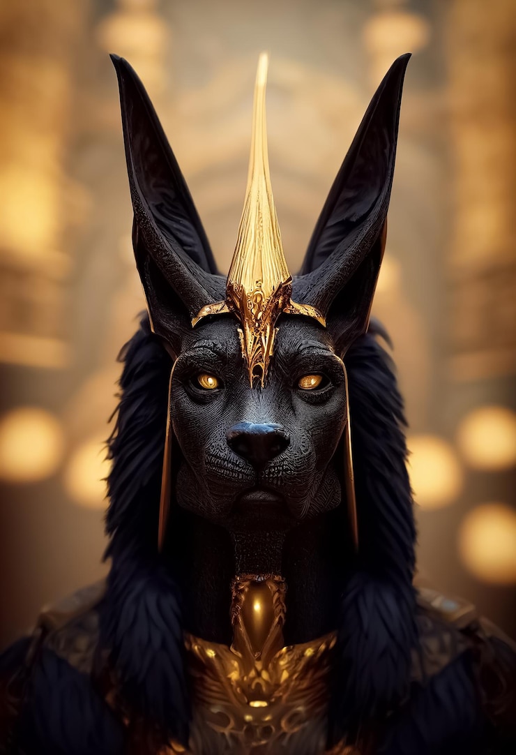 Una estatua de anubis con ojos amarillos y cabeza dorada.