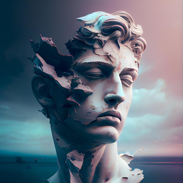 Estatua de Apolo en el mar al atardecer Collage