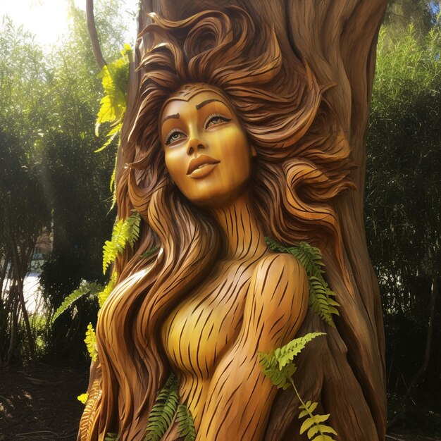 estátua arafe de uma mulher com cabelo longo e um tronco de árvore generativo ai