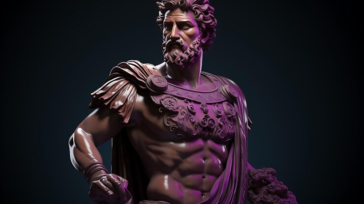 Foto estátua arrafada de um homem com uma capa roxa e uma barba