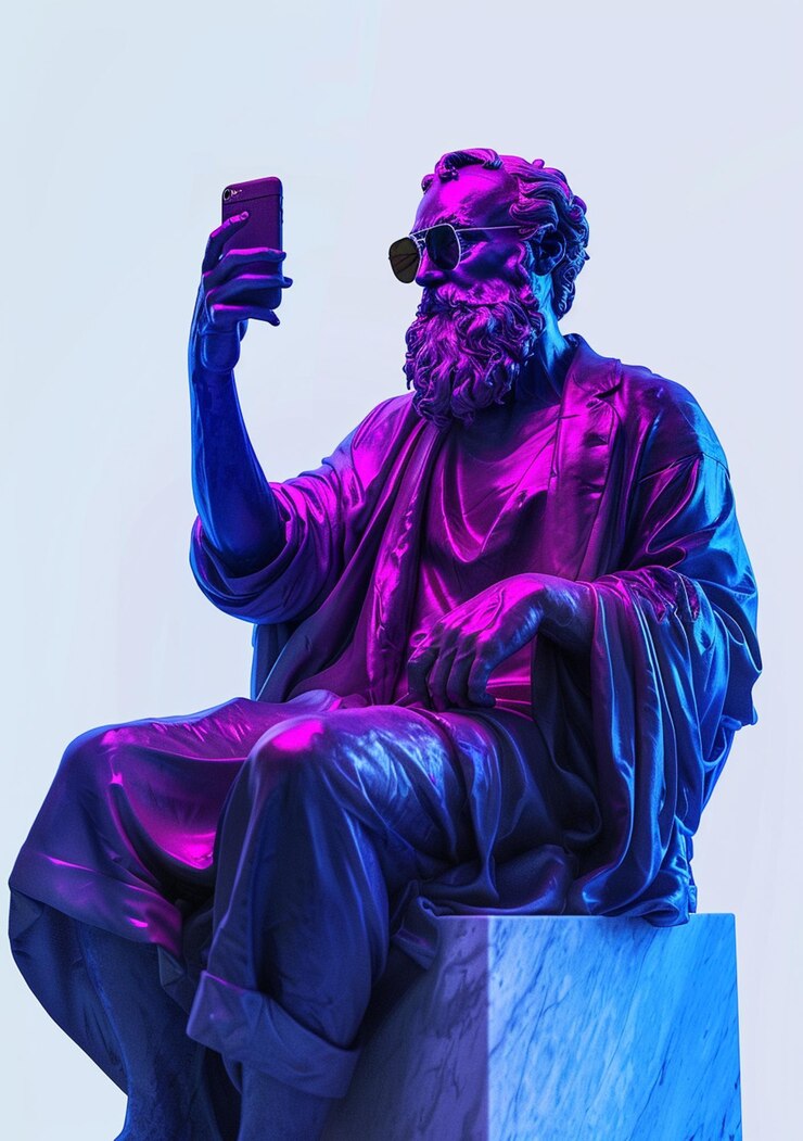estatua arrafada de un hombre con barba y gafas de sol sosteniendo un teléfono celular generativo ai