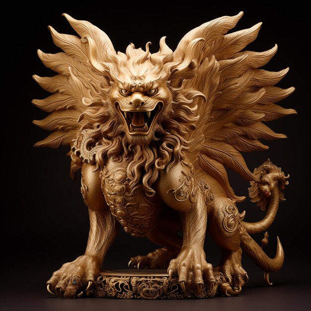 estatua arrafada de un león con una cola alada y una cabeza de león generativo ai