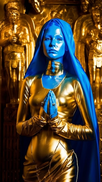 Una estatua azul de una monja con la cara azul en el fondo.