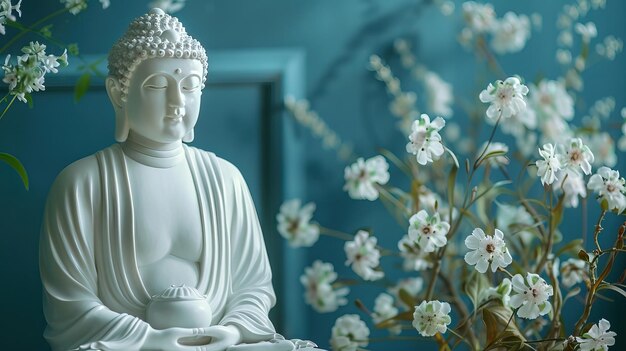 Estatua blanca de Buda con loto wjite y velas en fondo azul Feliz día de Wesak concepto de cumpleaños de Buda