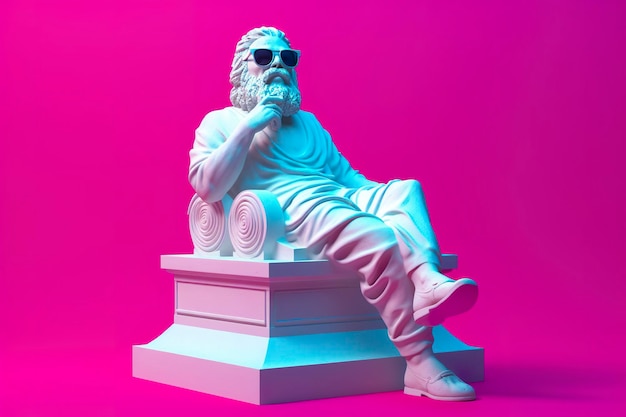 Una estatua blanca de Platón en una pose genial con gafas 3D magenta y cian lista para la fiesta IA generativa