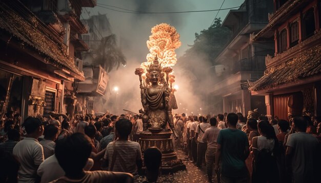 Estátua brilhante queimando incenso em cerimônia tradicional gerada por IA