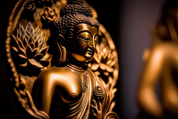 Una estatua de bronce de buda con una flor en la espalda