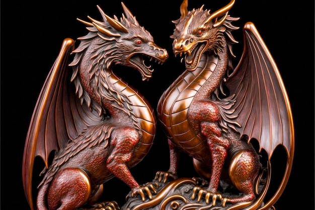 Estatua de bronce de dragones rojos místicos con pata levantada