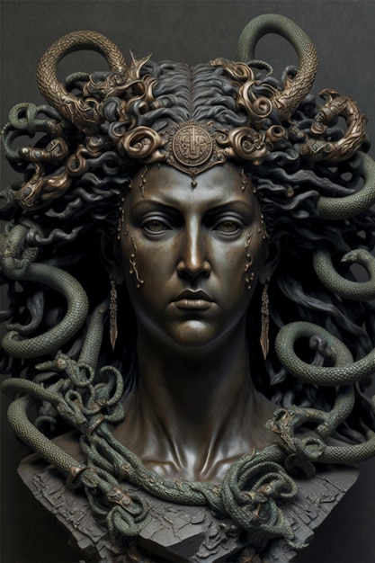 Una estatua de bronce de una mujer con una corona de medusa.