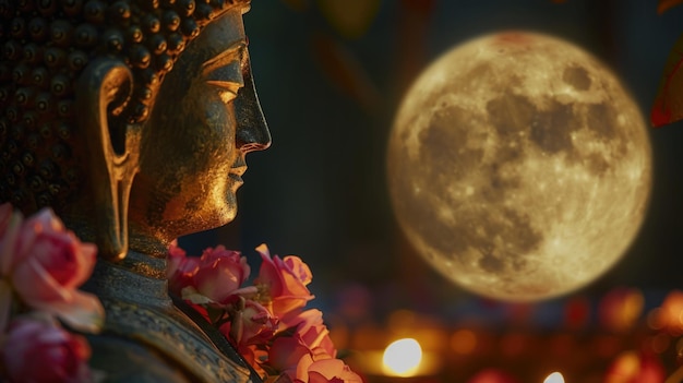 Estatua de Buda adornada con flores bajo una luna llena