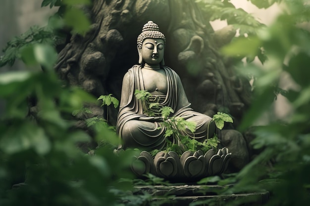 Estatua de Buda en un árbol con hojas alrededor