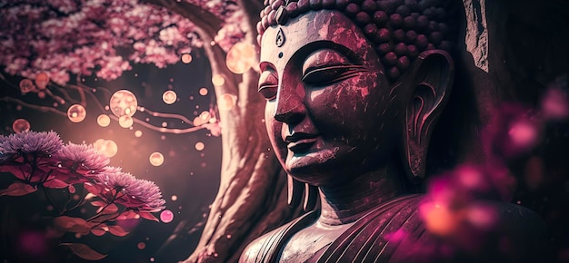 Estatua de Buda bajo un árbol de loto AIGenerated
