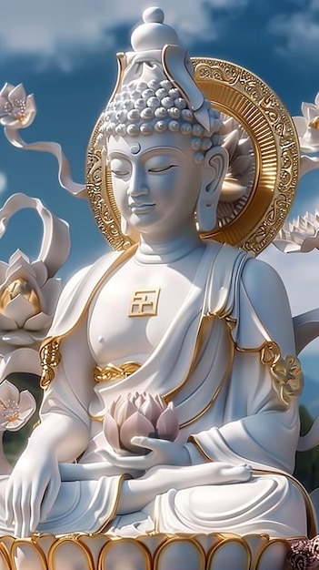 estatua de un Buda blanco sentado en una plataforma de flores generativo ai