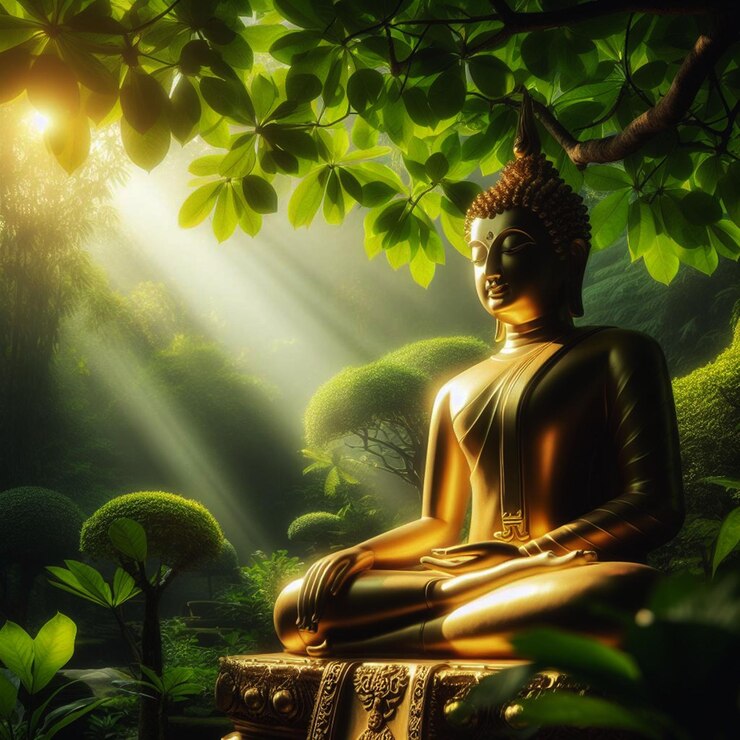 Estatua de Buda en el bosque imagen renderizada en 3D generada por el uso de IA generativa