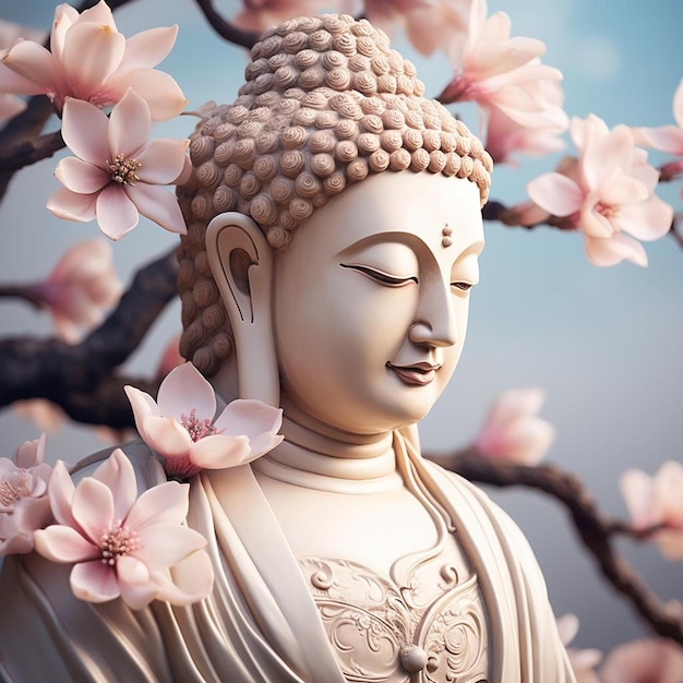 una estatua de buda en un cerezo.