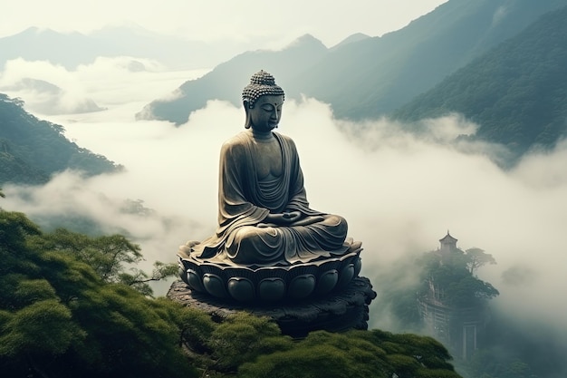 Estatua de Buda en la cima de la montaña en una mañana brumosa