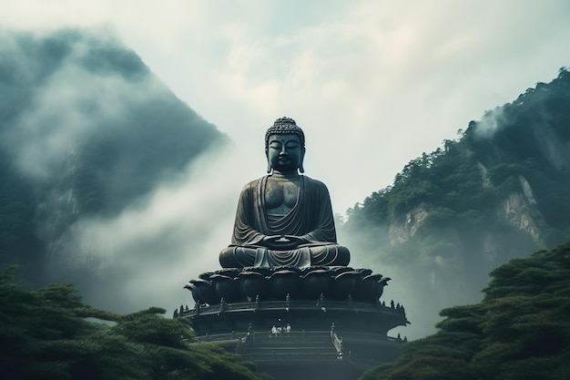 Estatua de Buda en la cima de la montaña en una mañana brumosa