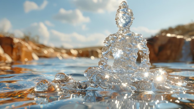 Estatua de Buda de cristal en el lago Concepto de meditación y relajación