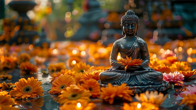 Estatua de Buda decorada con flores en un templo budista en la fiesta de Vesak en honor a la iluminación del nacimiento y la muerte de Buda.