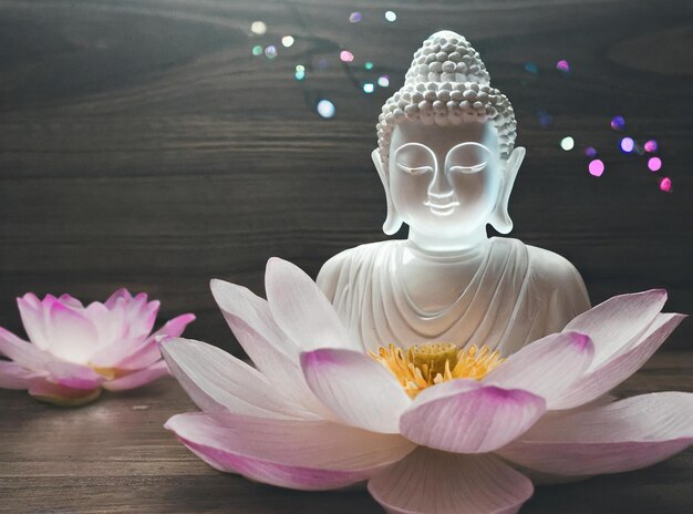 Una estatua de Buda con una flor de loto en el fondo