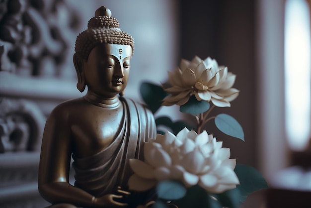 Una estatua de buda con flores blancas en el fondo