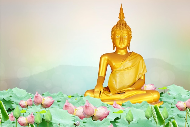Estatua de Buda con flores borrosas en el fondo y el cielo con la luz del sol