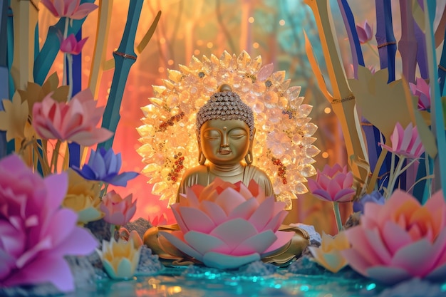 Foto una estatua de buda con flores de loto y una flor de loto en el fondo