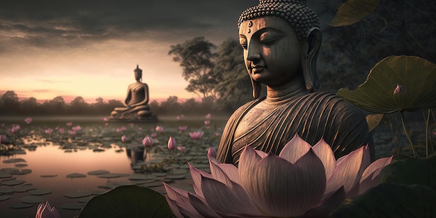 Foto estatua de buda con flores de loto en el fondo del atardecer