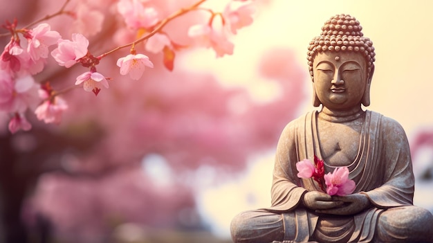 Estatua de Buda con fondo de flores de sakura de flor de cerezo rosa