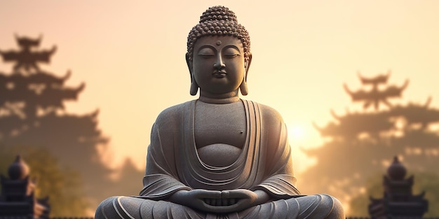 estatua de Buda en el fondo del templo al amanecer