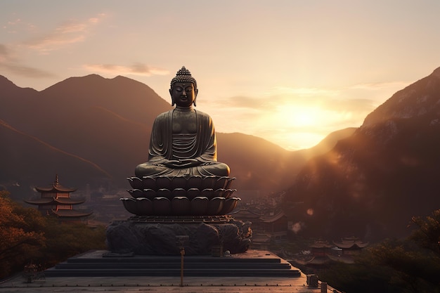 Una estatua de buda frente a una montaña al atardecer